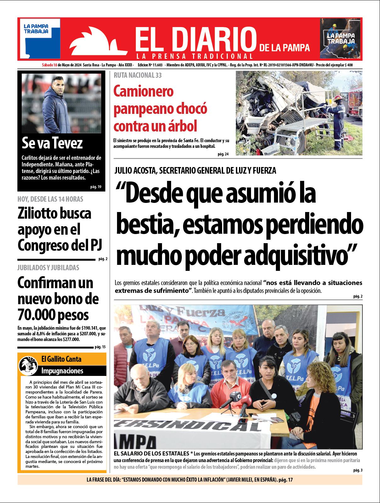 Tapa de El Diario en papel  saacutebado 18 de mayo de 2024